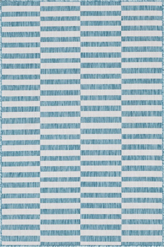 4' x 6' Ainsley · Geometric striped Outdoor Rug, aqua and ivory