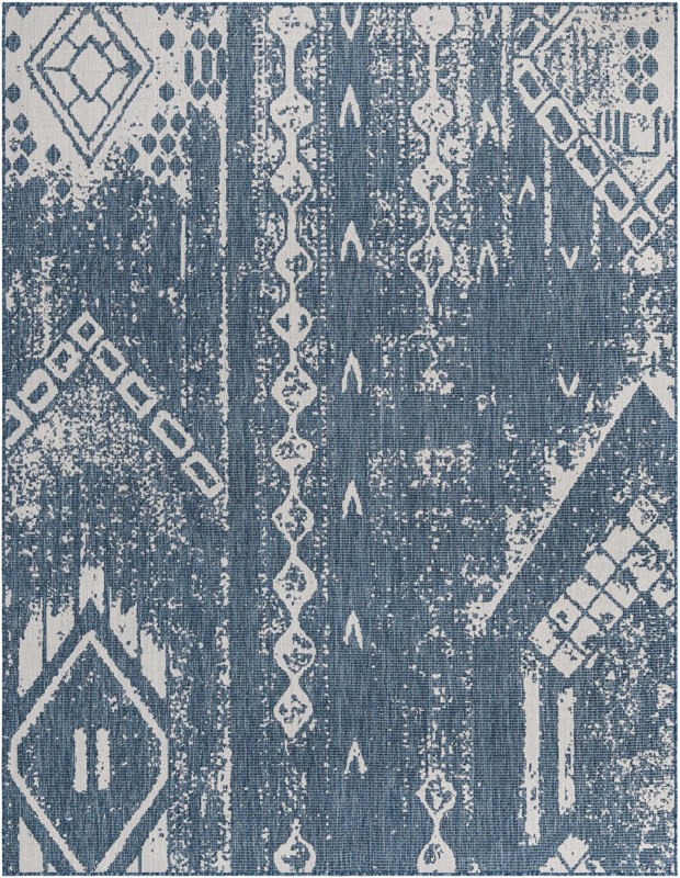 7' 10 x 10' Wildman · Tribal geometric Outdoor Rug, blue and ivory