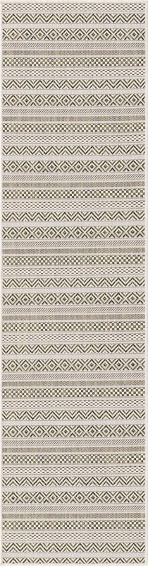 2' x 8' Merlin · Striped geometric Outdoor Rug, green and ivory