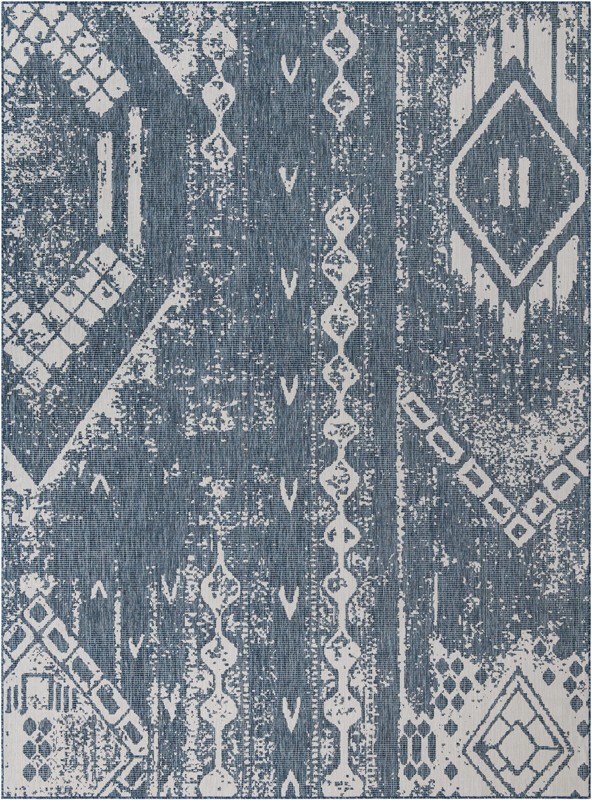 10' x 13' Wildman · Tribal geometric Outdoor Rug, blue and ivory