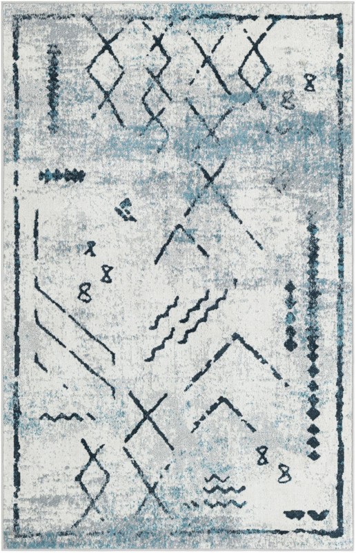 4' x 6' Platt · Tribal geometric Washable Rug, blue and ivory