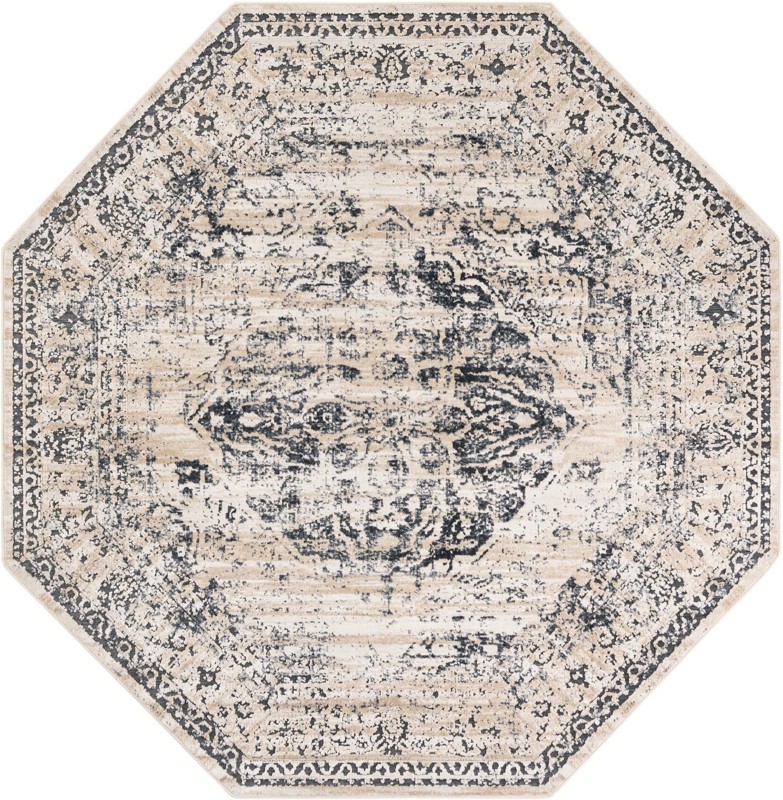 7' 1 x 7' 1 Sherborne · Distressed medallion rug, blue and beige