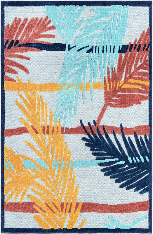 5' 3 x 8' Elm · Tropical leaf Outdoor Rug, blue and orange