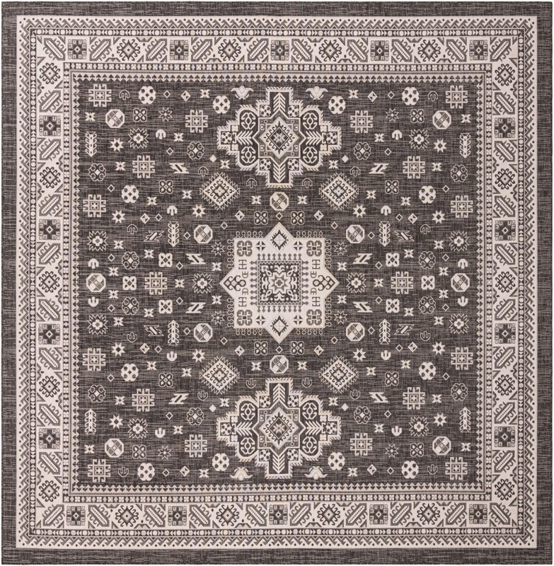 13' x 13' Bellamy · Tribal medallion Outdoor Rug, charcoal and ivory