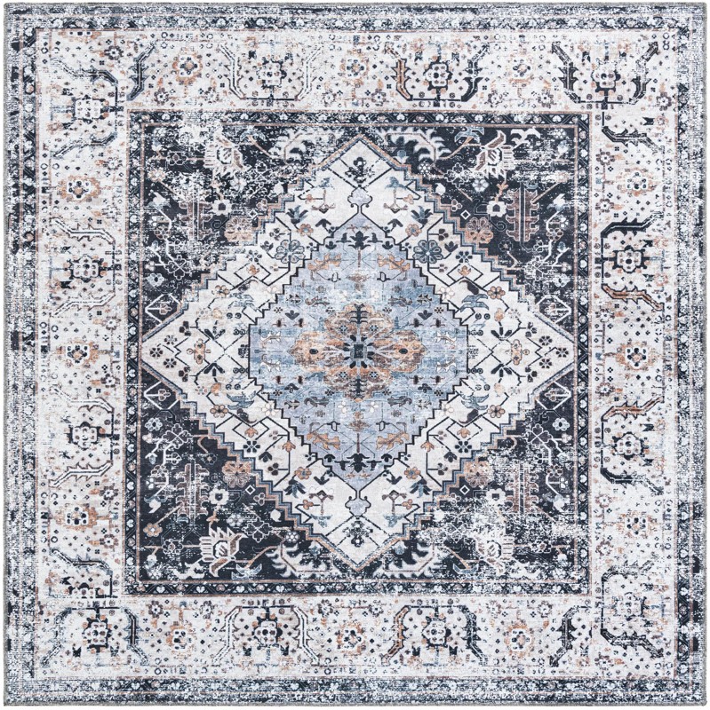 7' 1 x 7' 1 Trillium · Medallion rug, charcoal and light blue