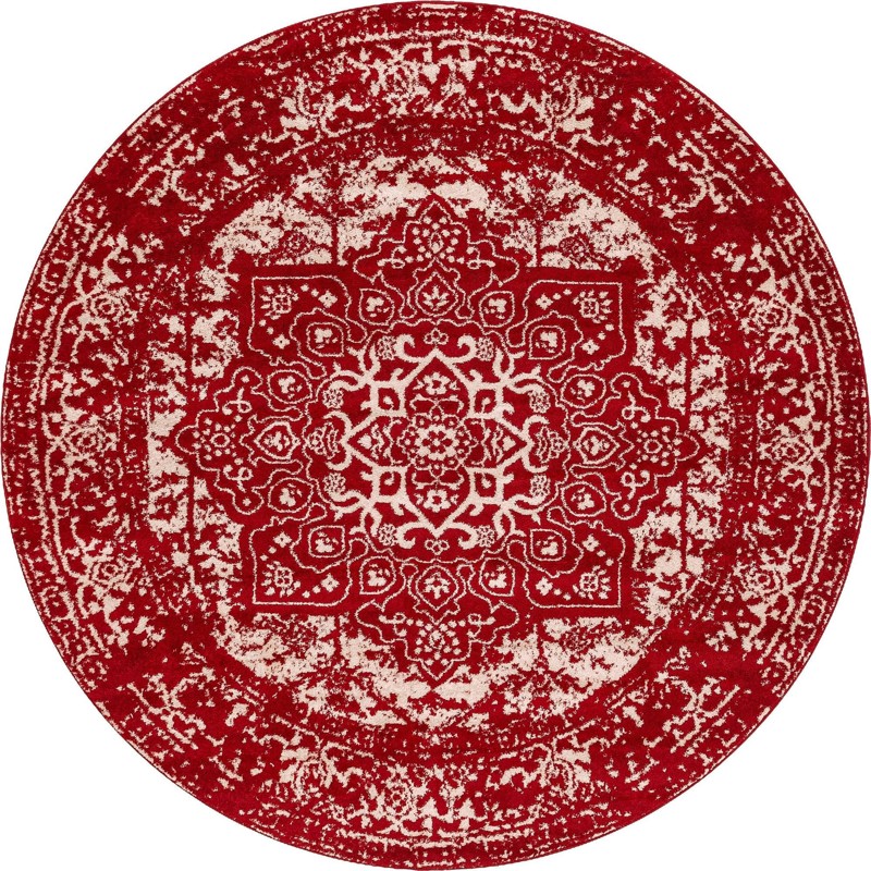 7' 10 x 7' 10 Birch · Distressed medallion rug, red and ivory