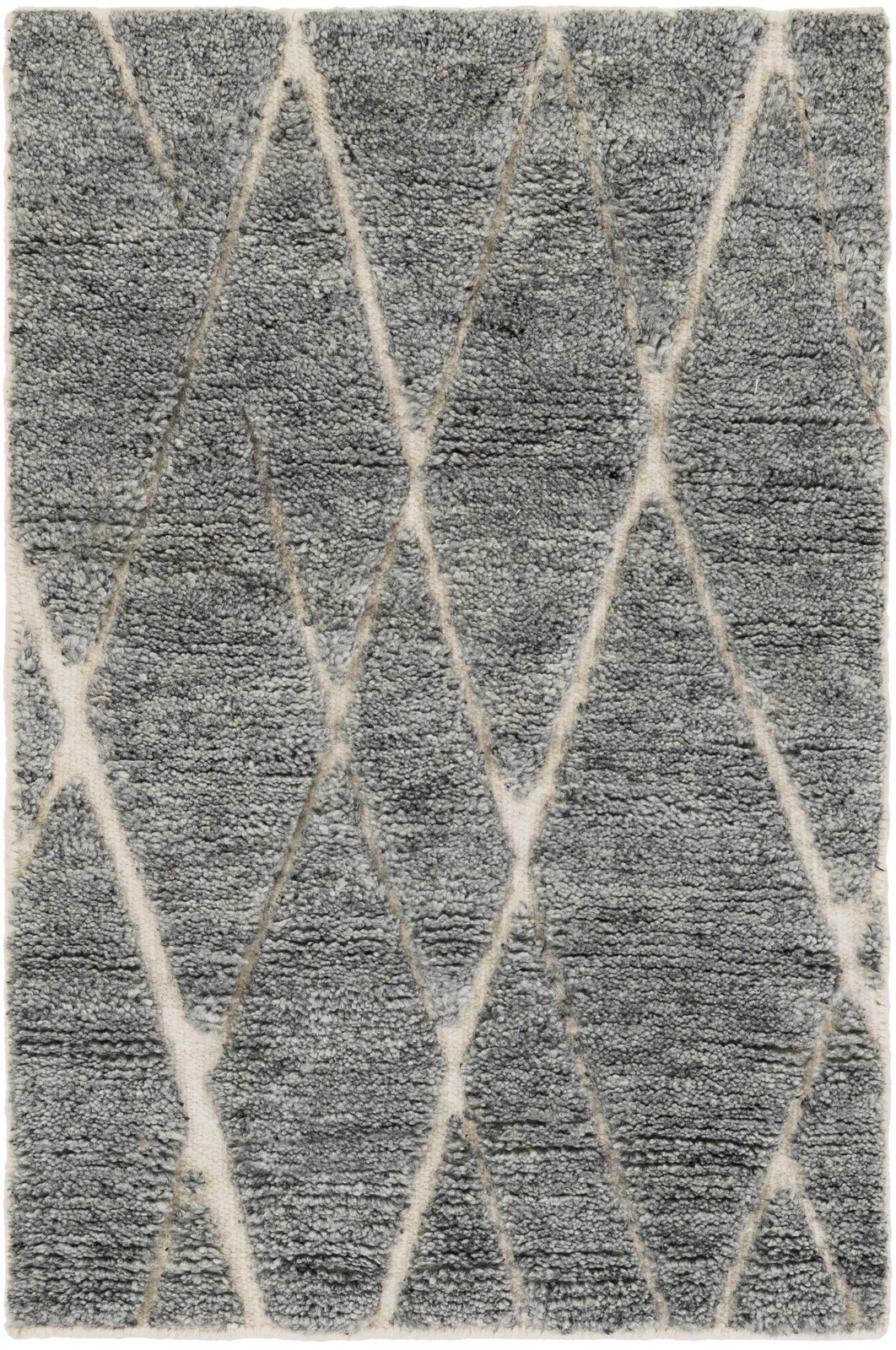 2' x 3' 1 Geary · Diamond trellis Wool Shag Rug, gray and ivory
