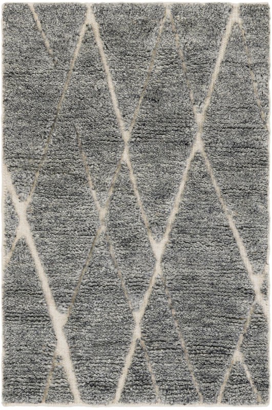 Geary · Diamond trellis Wool Shag Rug, gray and ivory
