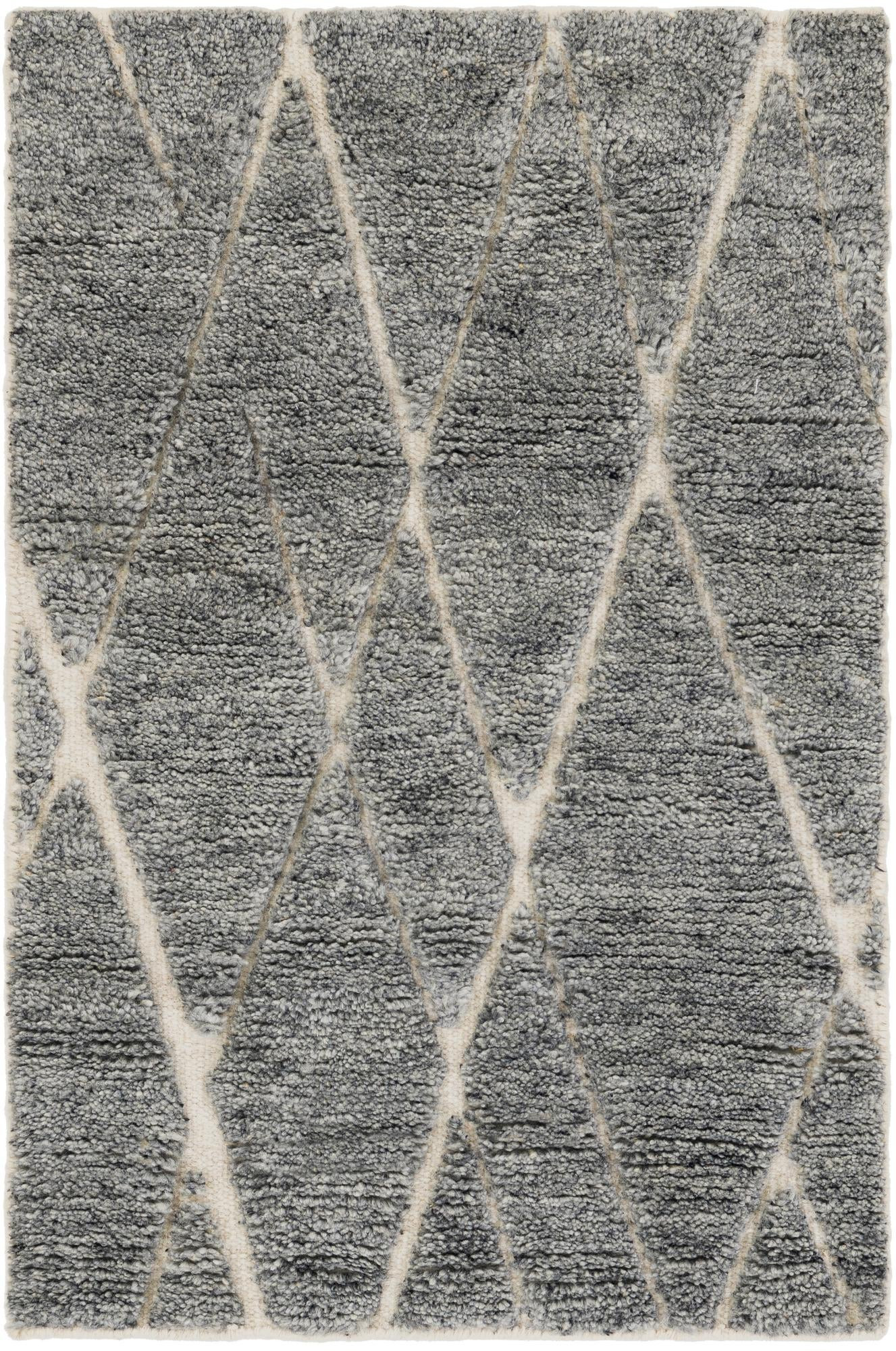 2' x 3' 1 Geary · Diamond trellis Wool Shag Rug, gray and ivory