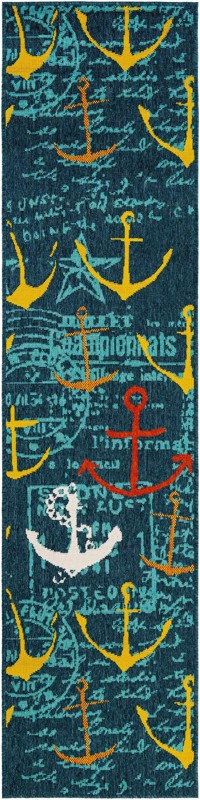 2' x 8' Lavery · Nautical anchor Outdoor Rug, navy and yellow