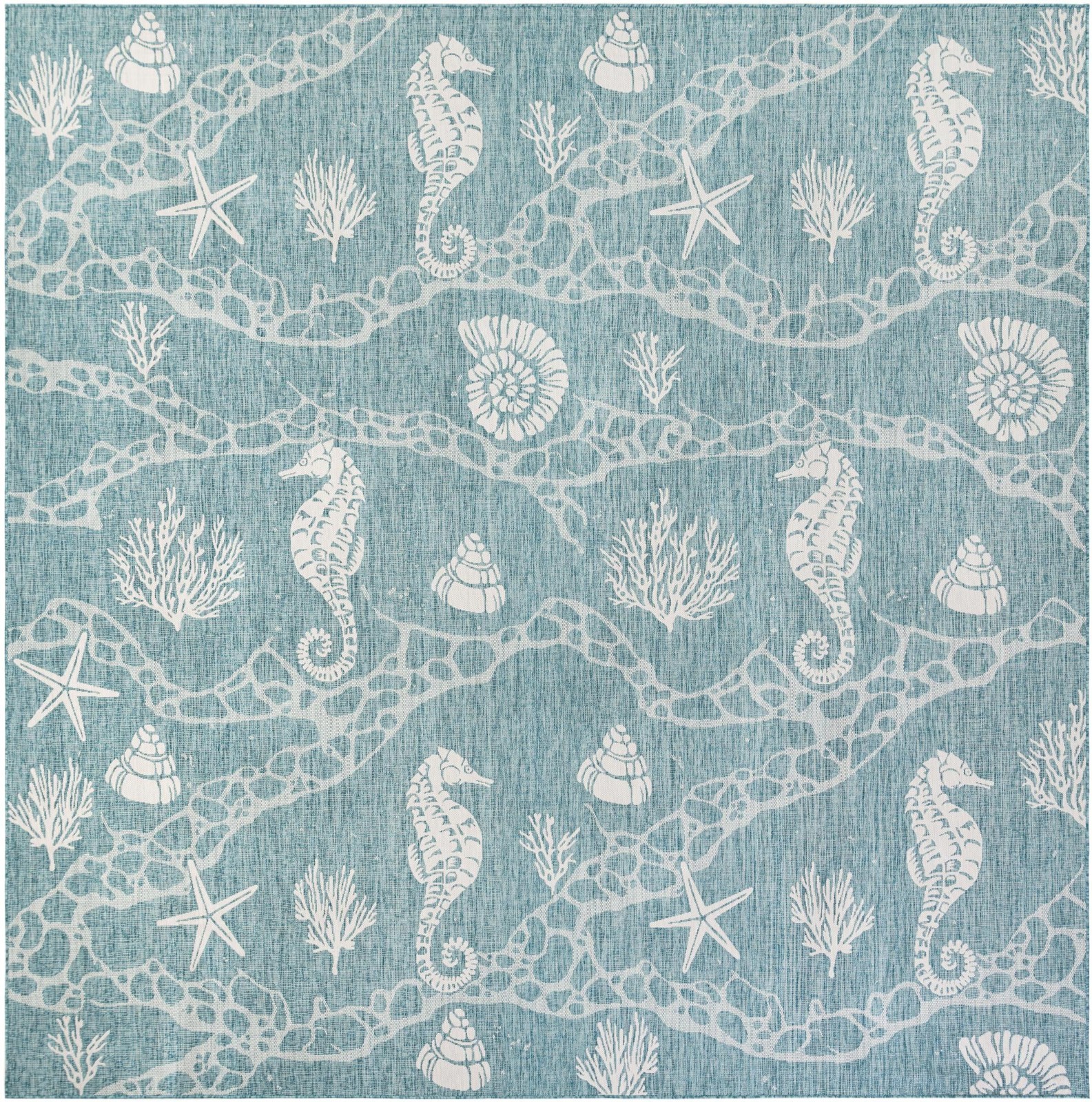13' x 13' Daly · Coastal Outdoor Rug, aqua and ivory