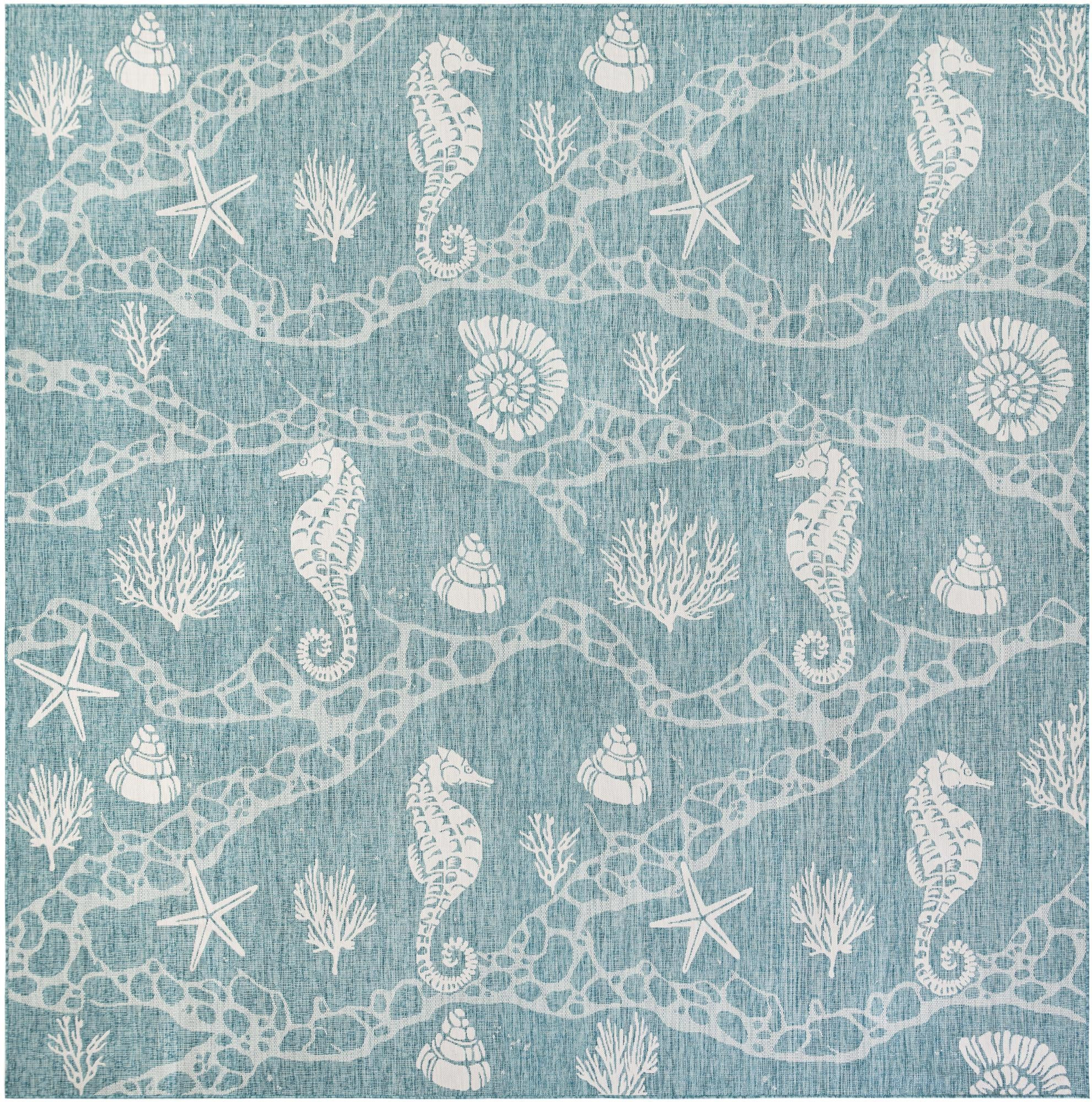 13' x 13' Daly · Coastal Outdoor Rug, aqua and ivory