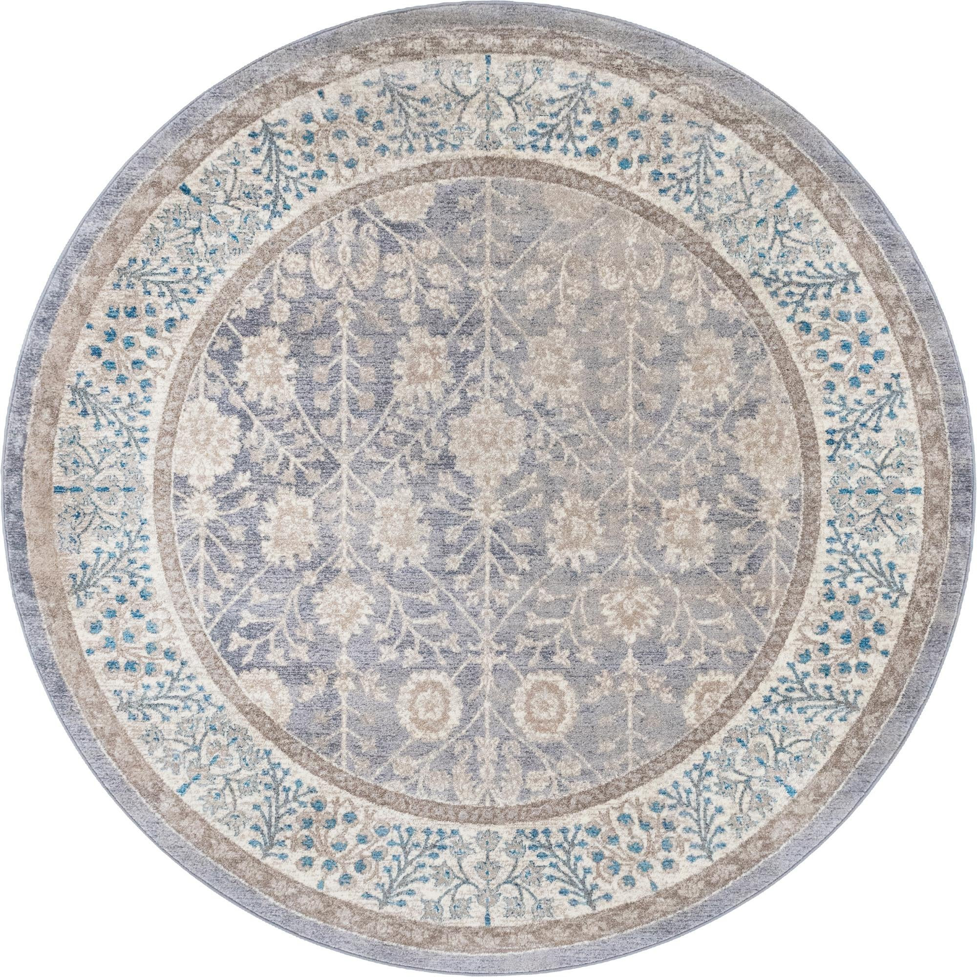 7' 3 x 7' 3 Redmond · Botanical border rug, gray and ivory