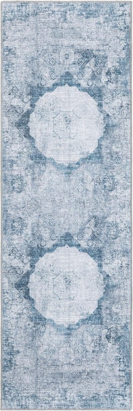 2' x 6' Fallowfield · Distressed medallion Washable Rug, teal and ivory