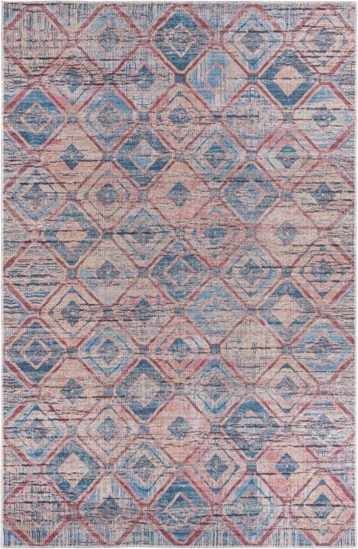 6' x 9' Torrance · Geometric diamond Washable Rug, peach and blue
