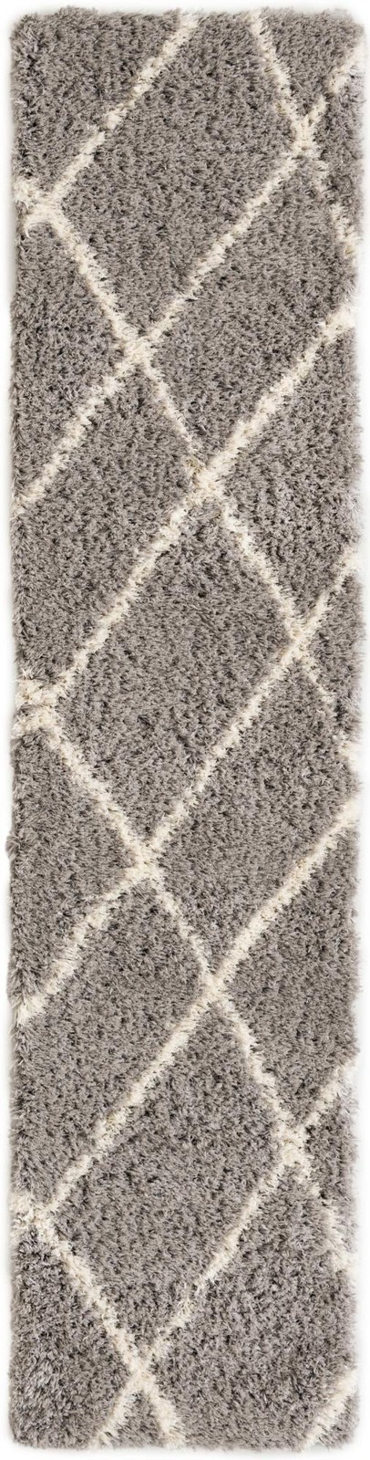 2' 7 x 12' Rockingham · Diamond lattice Shag Rug, gray and ivory