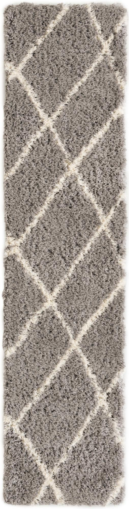 2' 7 x 12' Rockingham · Diamond lattice Shag Rug, gray and ivory
