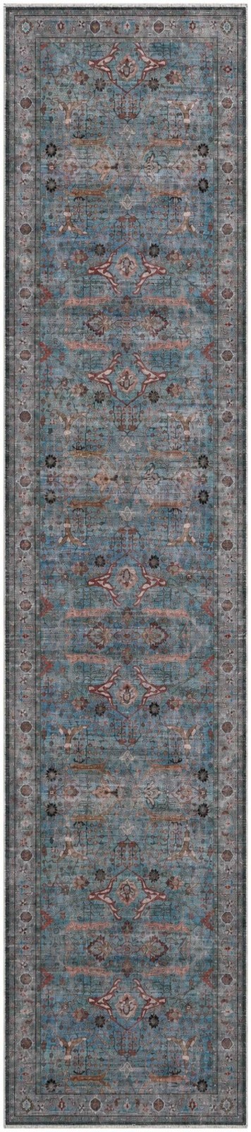 2' 7 x 12' Mayfield · Distressed floral rug, blue and rust