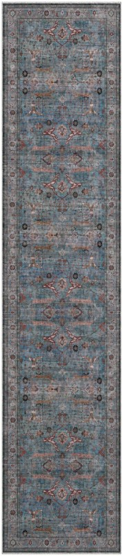 2' 7 x 12' Mayfield · Distressed floral rug, blue and rust