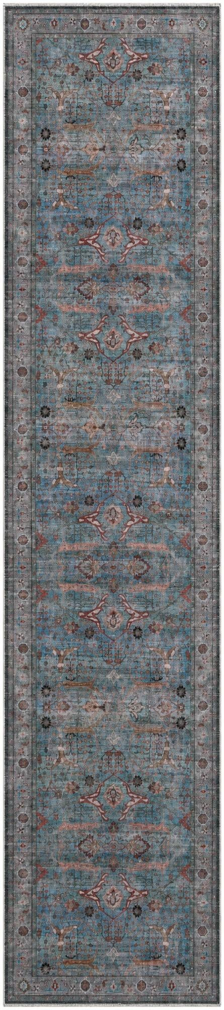 2' 7 x 12' Mayfield · Distressed floral rug, blue and rust