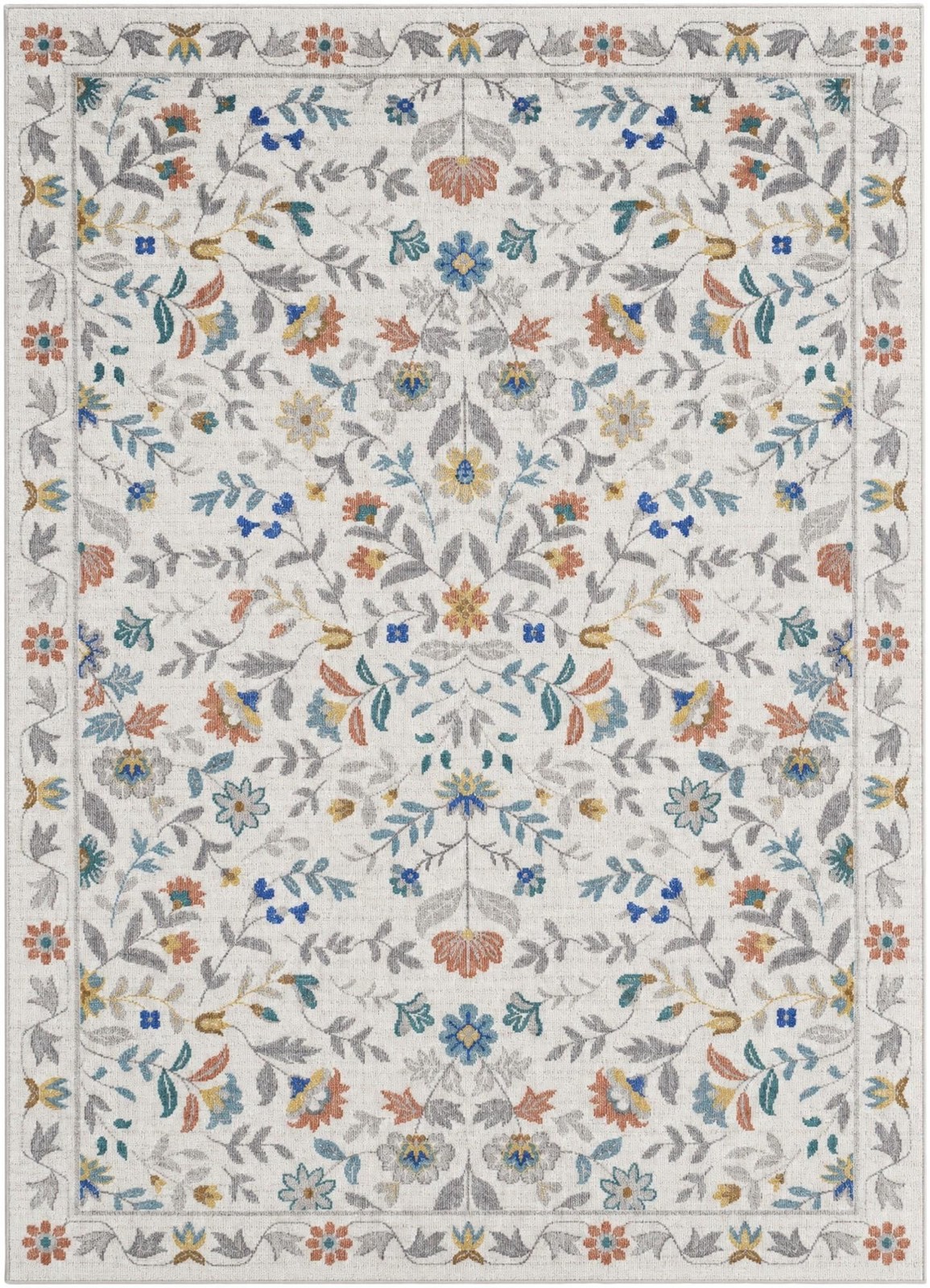 5' x 7' Coriander · Floral rug, ivory, terracotta and blue