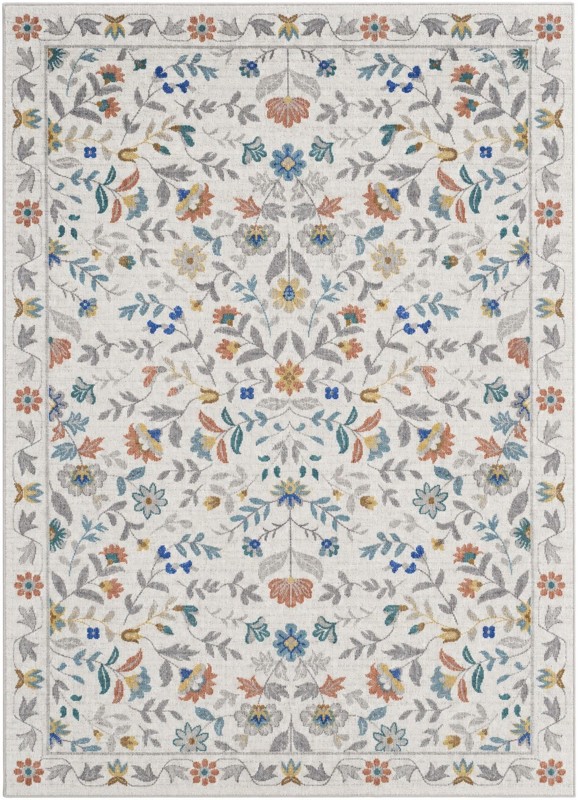 5' x 7' Coriander · Floral rug, ivory, terracotta and blue