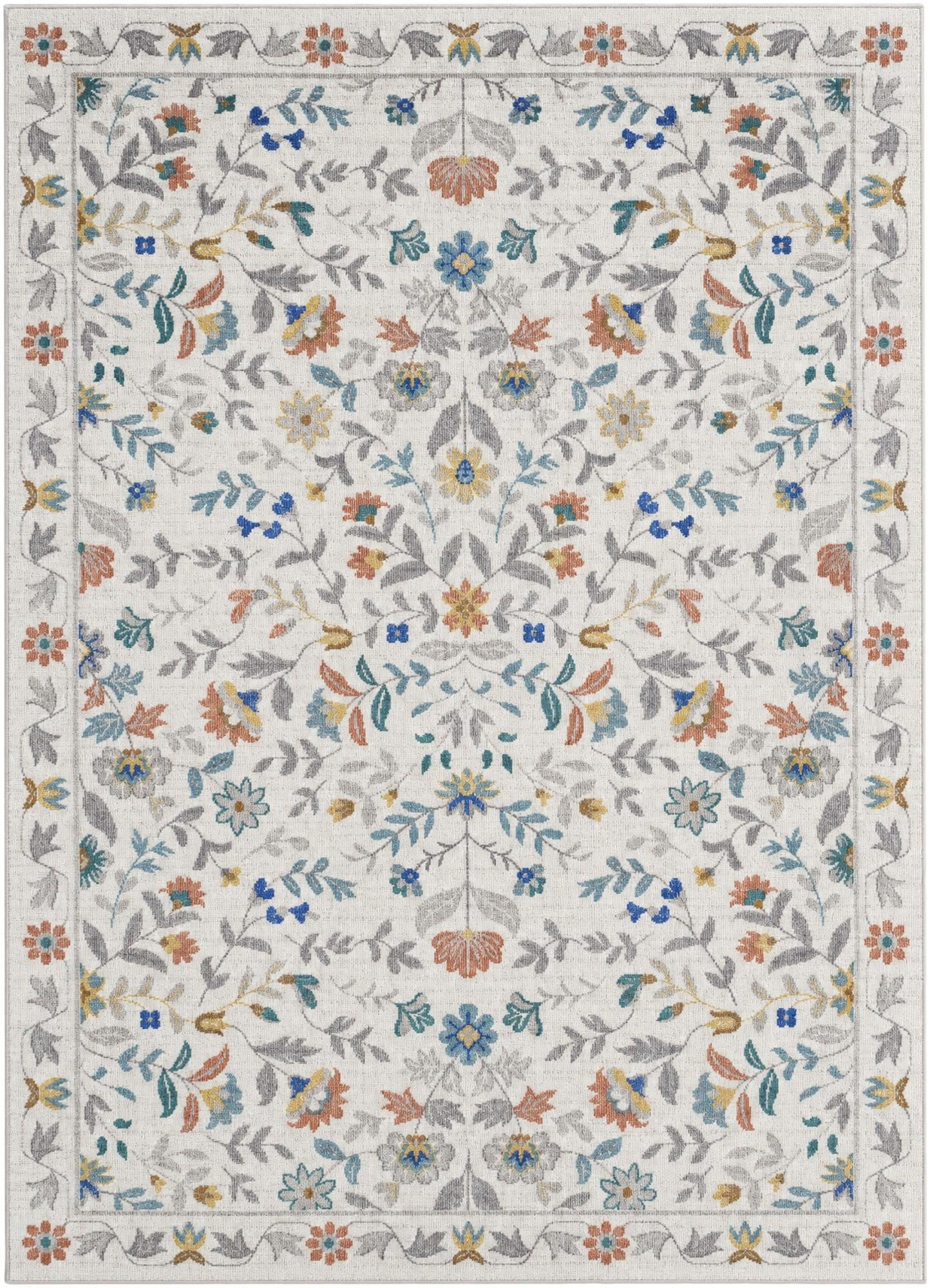 5' x 7' Coriander · Floral rug, ivory, terracotta and blue
