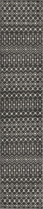 3' 3 x 16' 5 Boswell · Geometric tribal rug, dark gray and ivory