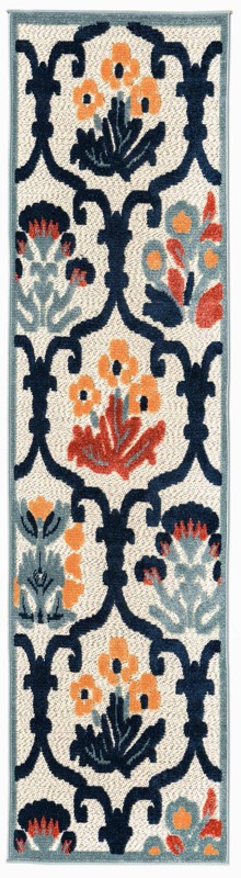 2' x 8' Bandera · Floral lattice Outdoor Rug, ivory and navy