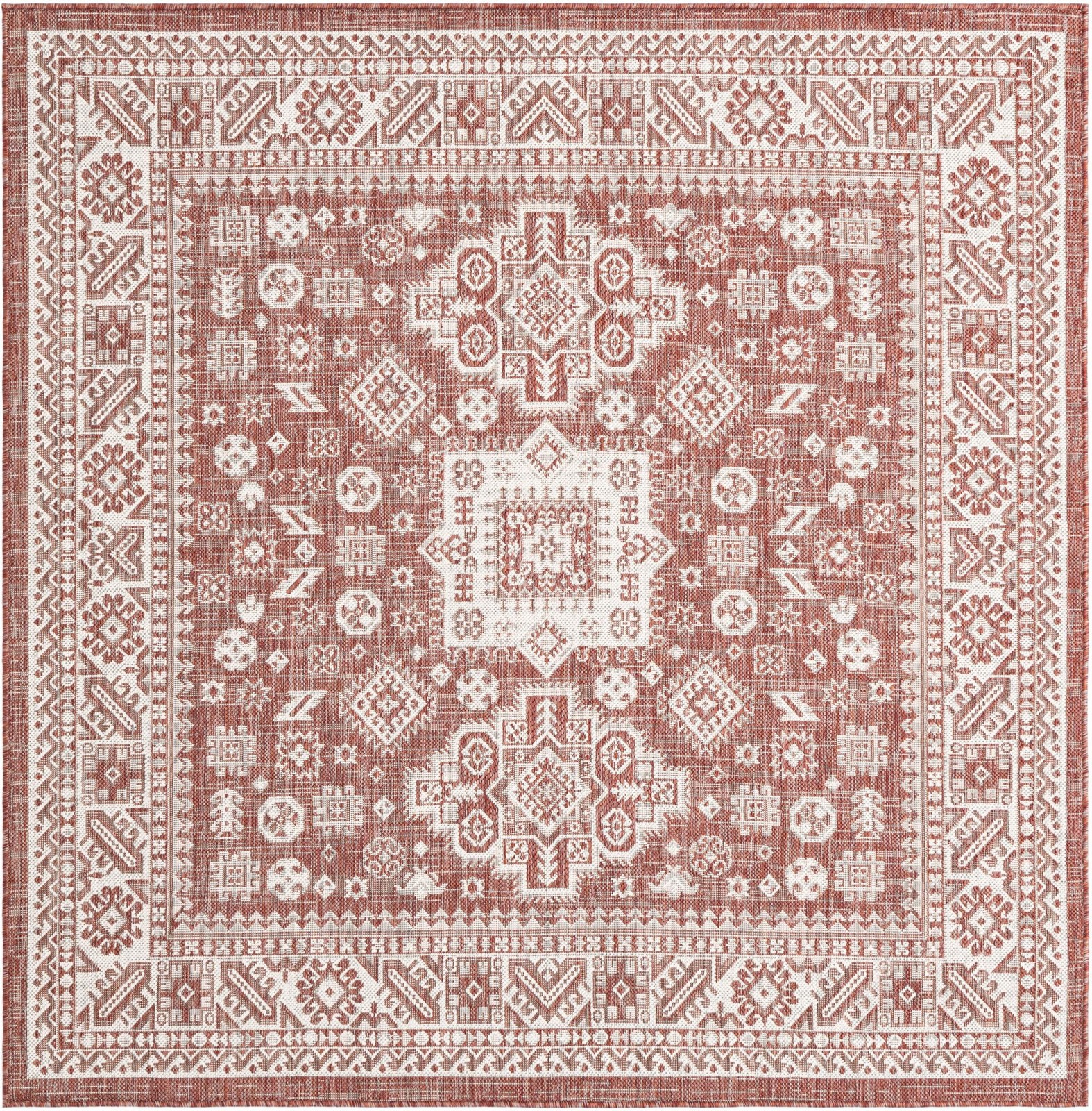 6' x 6' Bellamy · Tribal medallion Outdoor Rug, rust and ivory