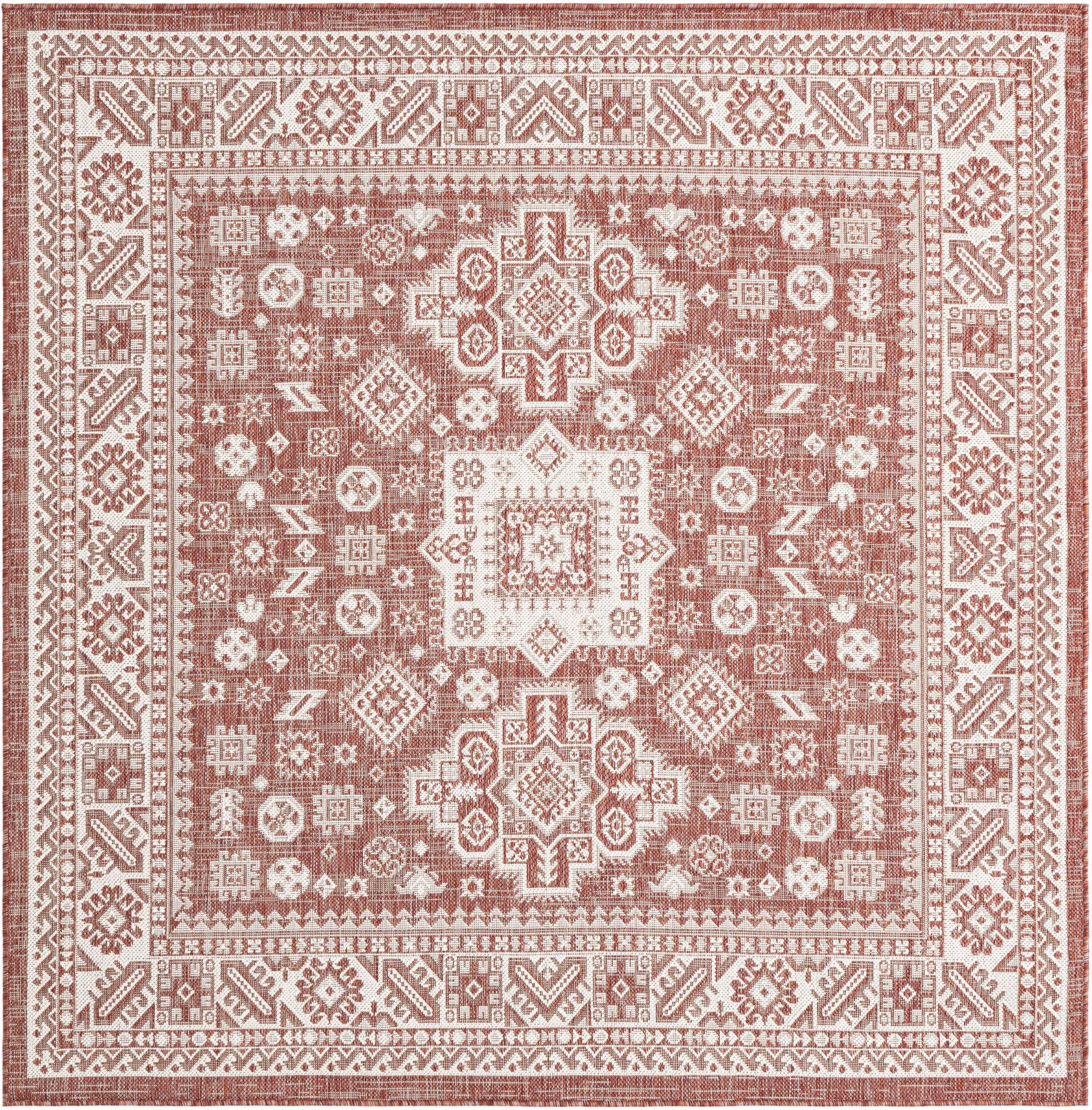 6' x 6' Bellamy · Tribal medallion Outdoor Rug, rust and ivory