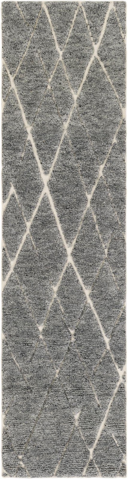 2' x 8' Geary · Diamond trellis Wool Shag Rug, gray and ivory