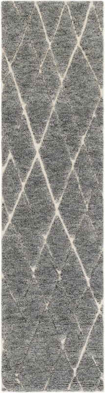 2' x 8' Geary · Diamond trellis Wool Shag Rug, gray and ivory
