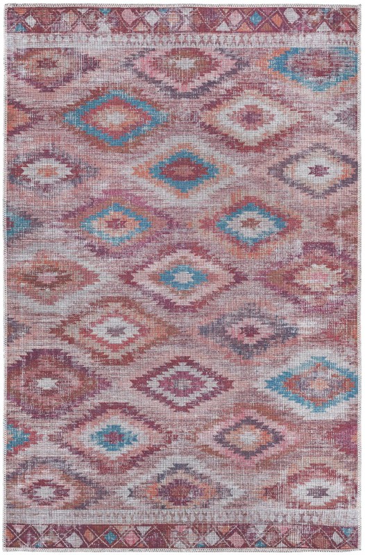 4' x 6' Uttley · Diamond tribal Washable Rug, terracotta and turquoise
