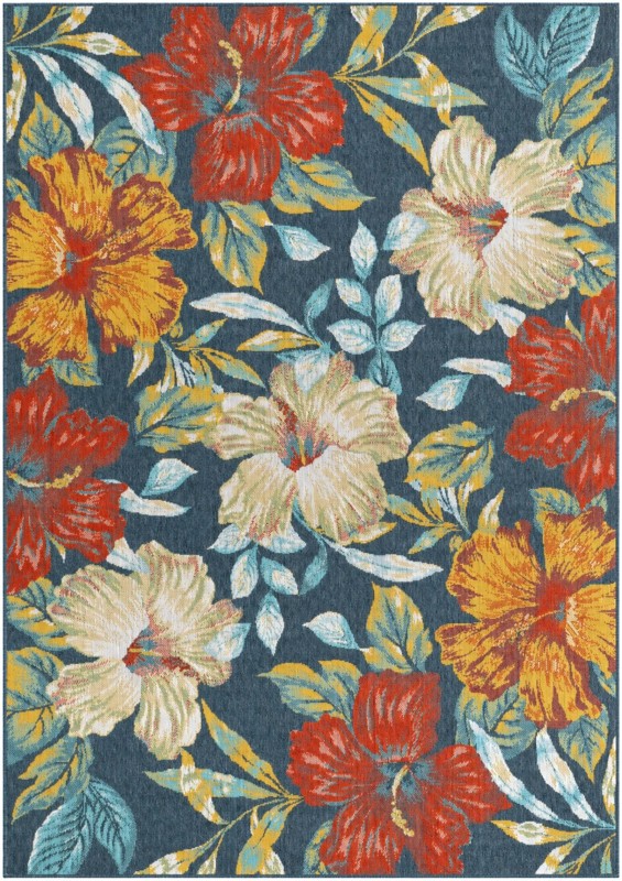 Bickford · Tropical floral Outdoor Rug, navy and yellow