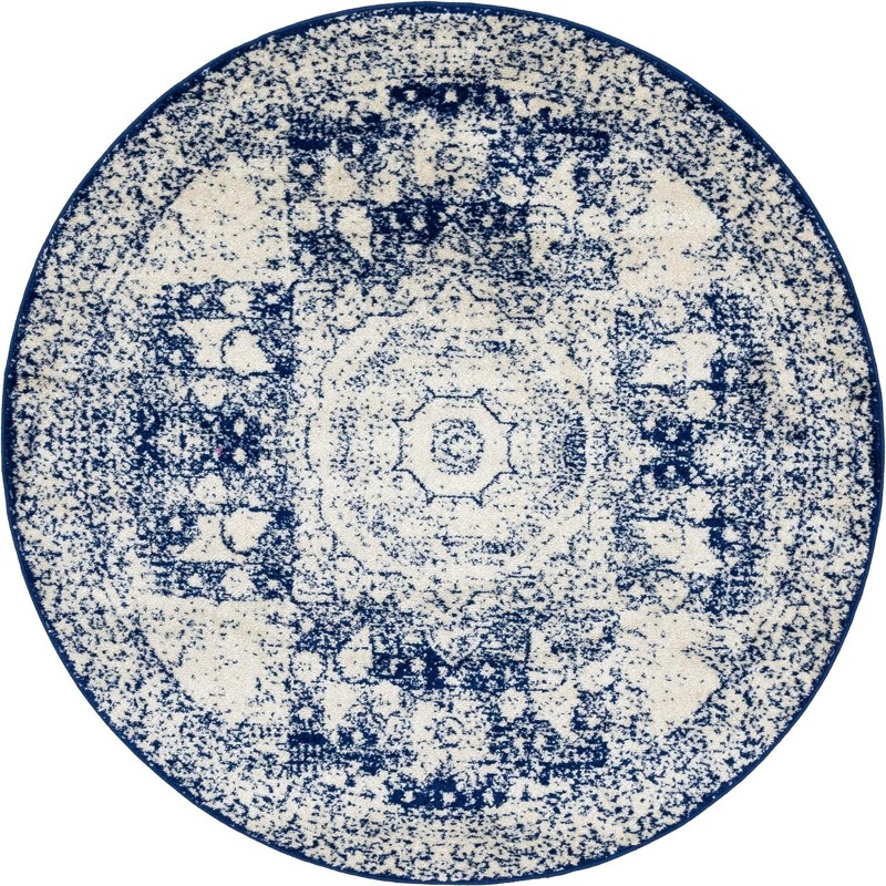 5' 3 x 5' 3 Benedict · Distressed medallion rug, ivory and blue