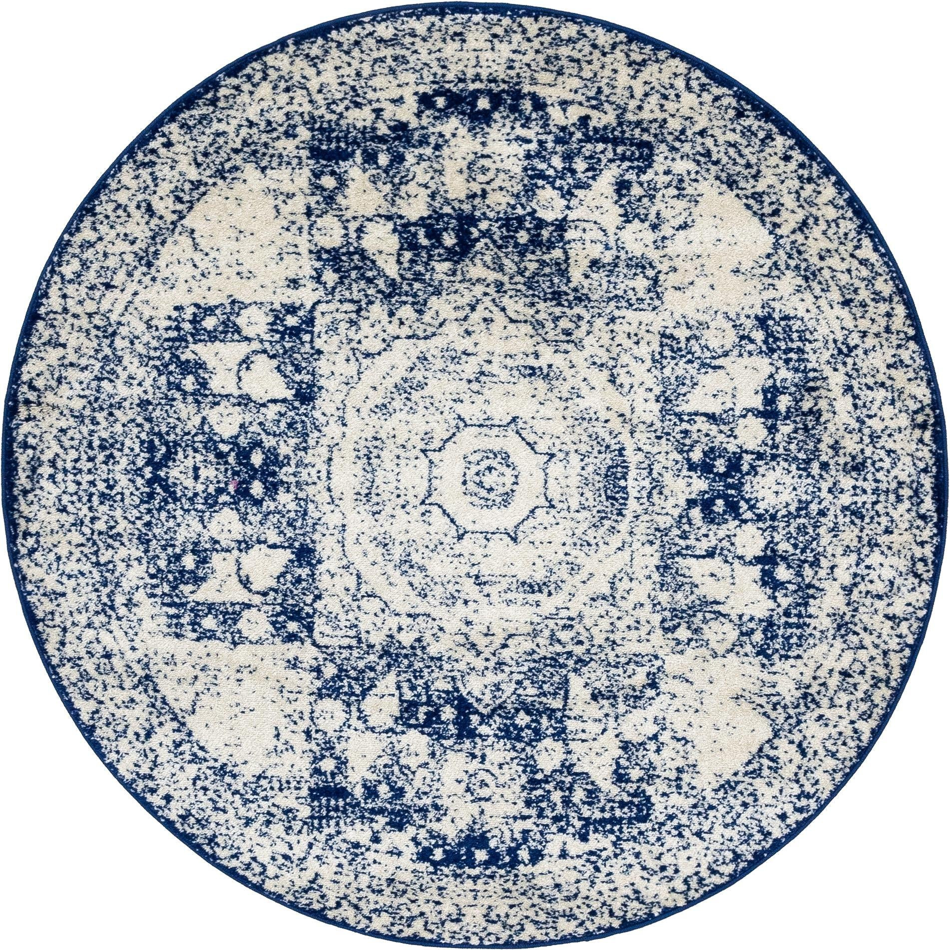 5' 3 x 5' 3 Benedict · Distressed medallion rug, ivory and blue