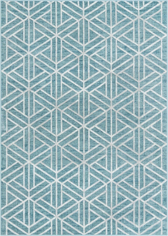 7' x 10' Norwood · Geometric trellis rug, blue and ivory