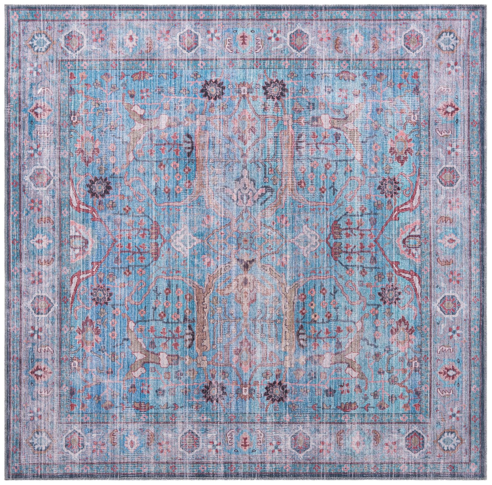 7' 3 x 7' 3 Mayfield · Distressed floral Washable Rug, blue and rust