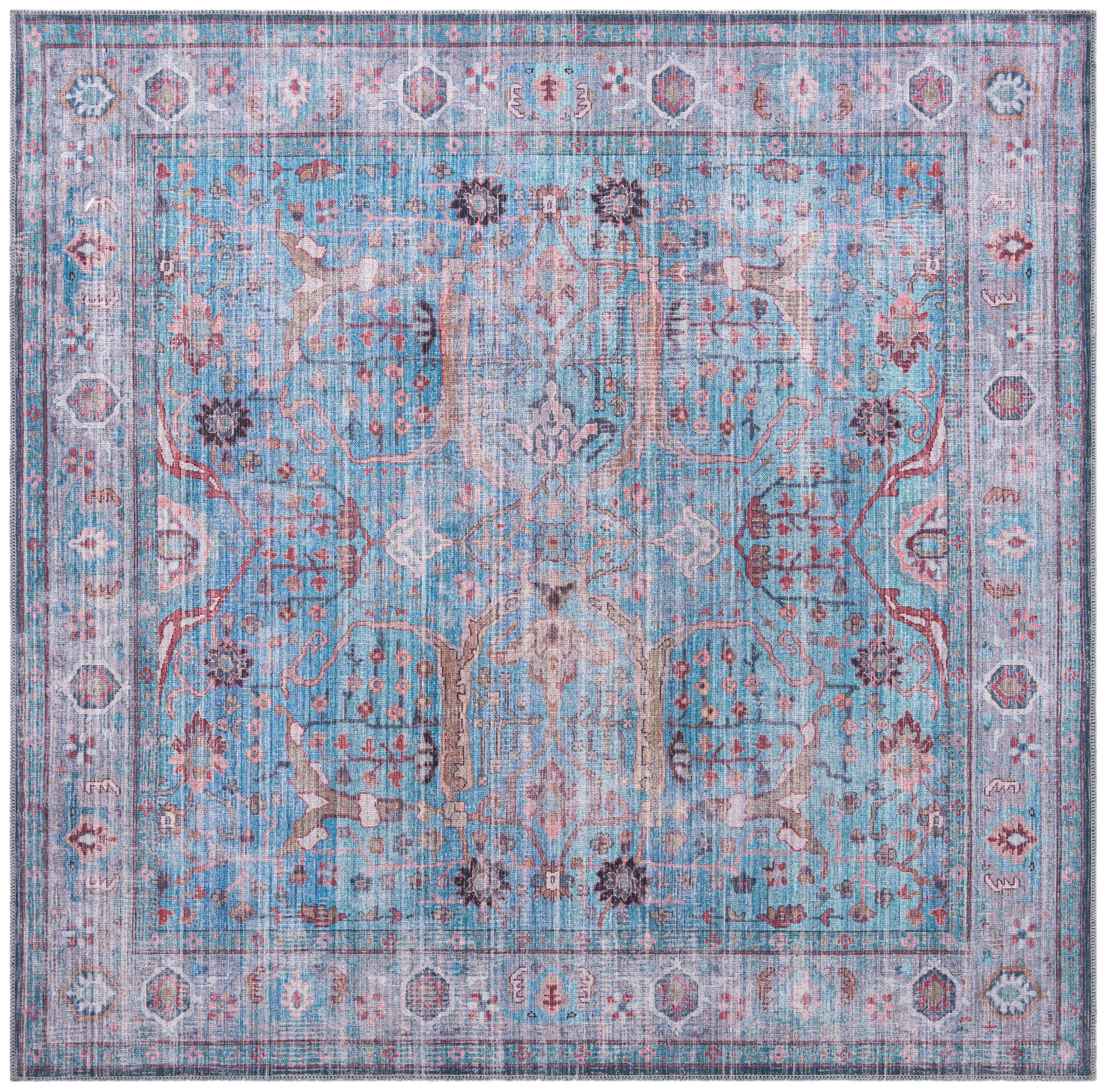 7' 3 x 7' 3 Mayfield · Distressed floral Washable Rug, blue and rust