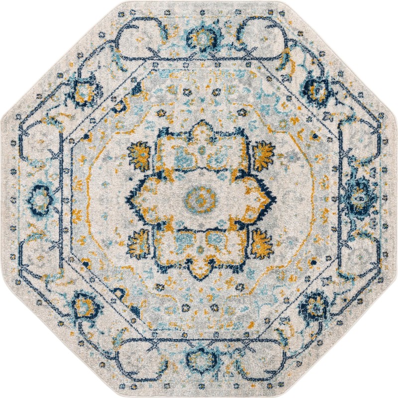 5' 3 x 5' 3 Pierce · Medallion rug, gray, blue and yellow