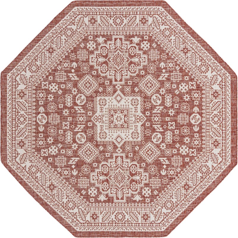 7' 10 x 7' 10 Bellamy · Tribal medallion Outdoor Rug, rust and ivory