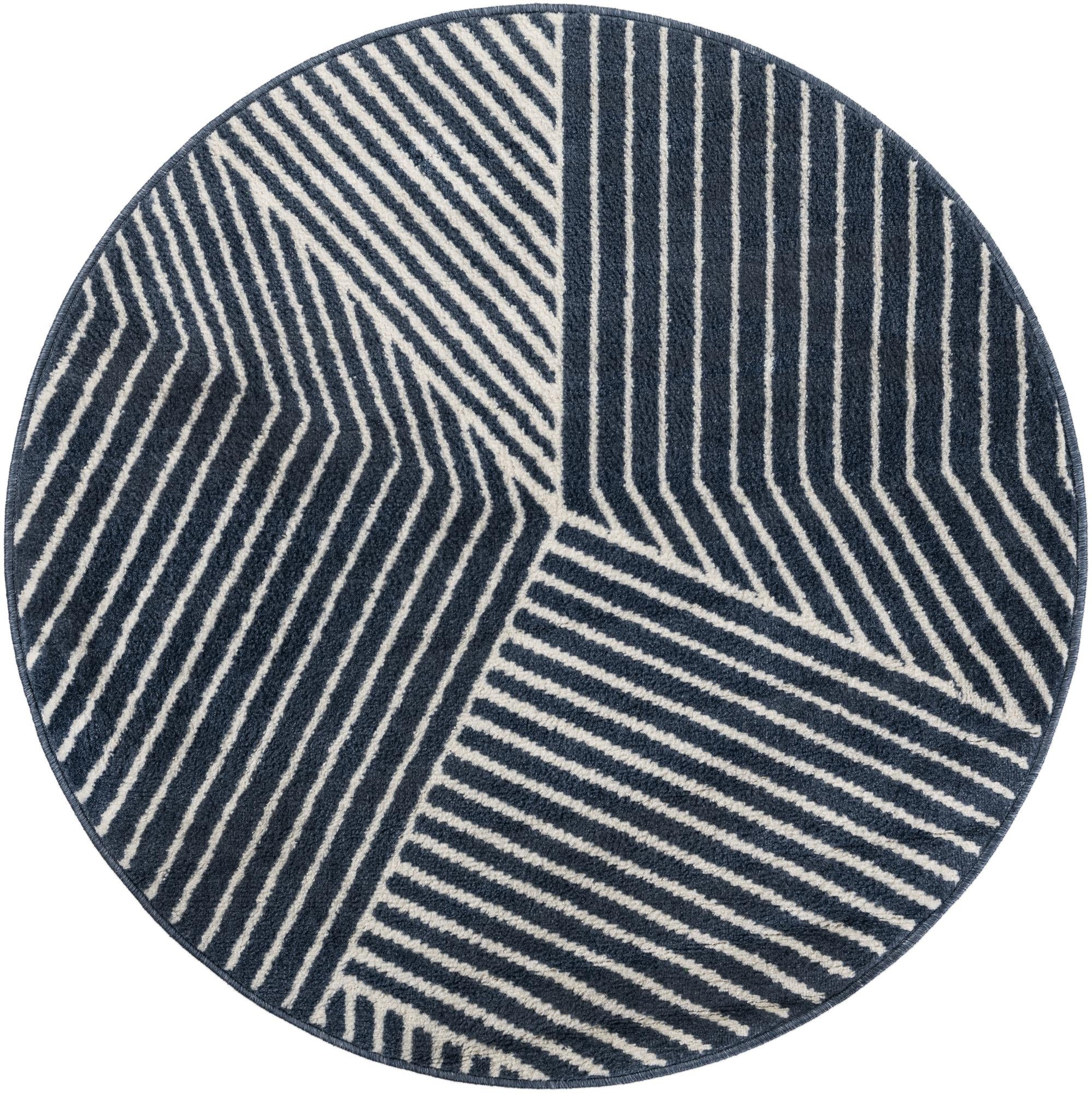 4' x 4' Shafter · Geometric striped rug, blue and ivory