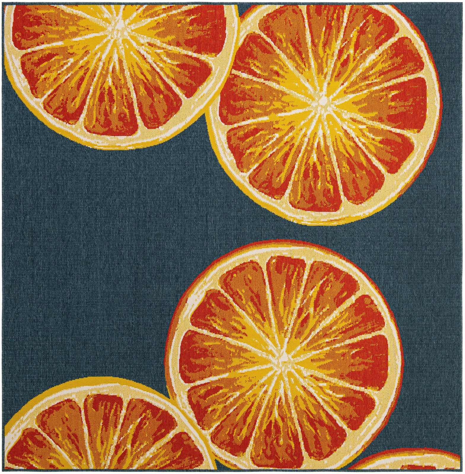 7' 10 x 7' 10 Hurley · Citrus slice Outdoor Rug, navy and orange