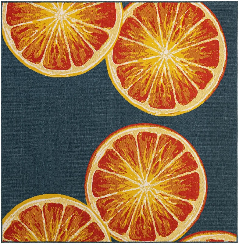 7' 10 x 7' 10 Hurley · Citrus slice Outdoor Rug, navy and orange