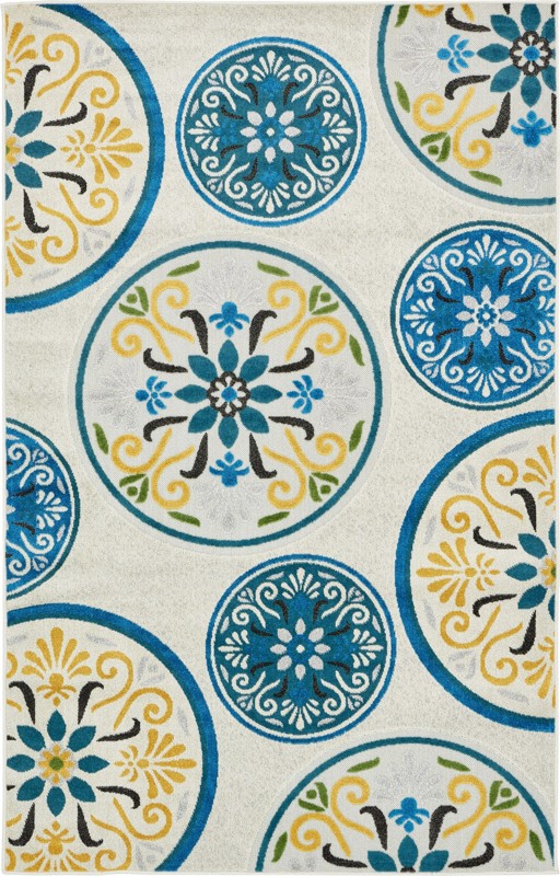 5' x 8' Racine · Medallion Outdoor Rug, cream and blue