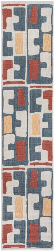 2' 7 x 12' Wainwright · Geometric Outdoor Rug, ivory and blue