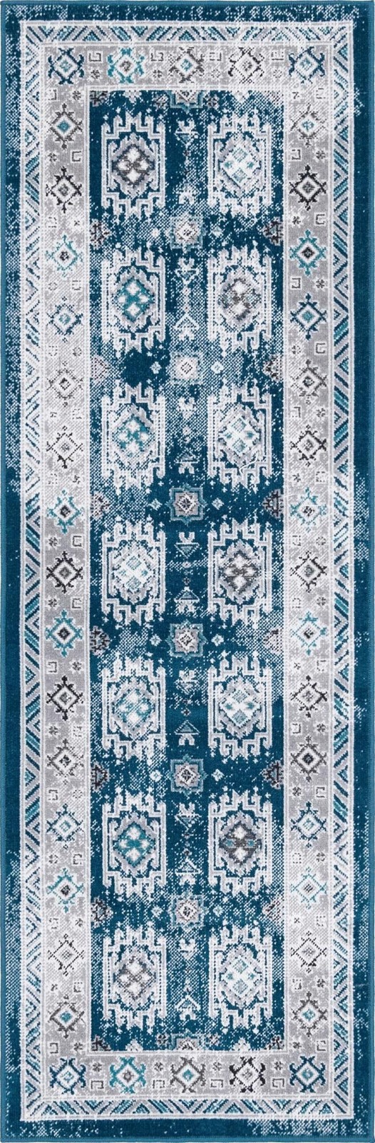 2' x 6' Wells · Geometric round rug, blue and gray