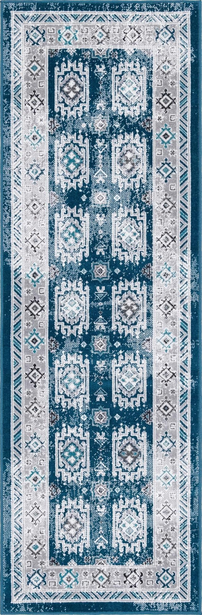2' x 6' Wells · Geometric round rug, blue and gray