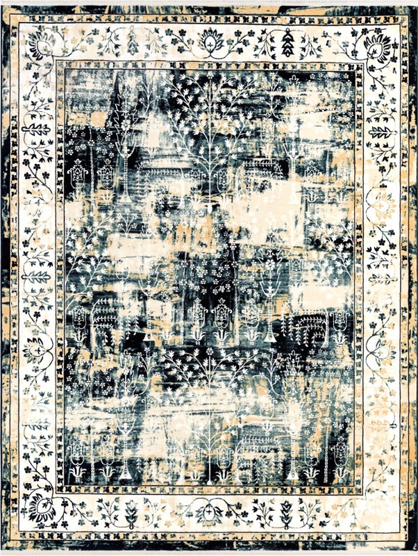 7' 10 x 10' Bushnell · Distressed botanical rug, ivory and blue